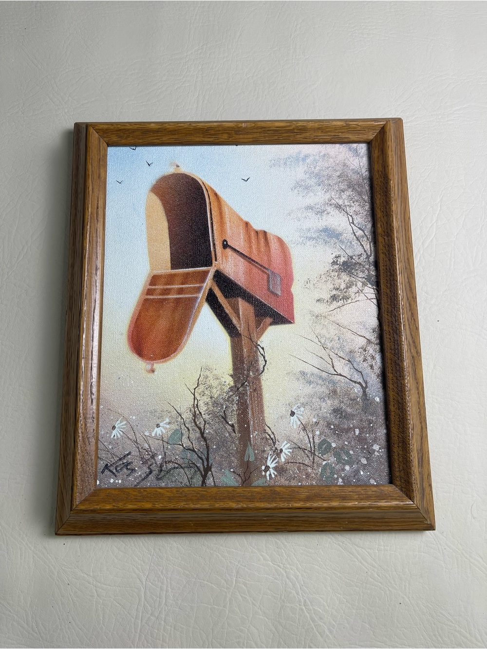 Framed hand painted Orange Mailbox scene Home Art Painting